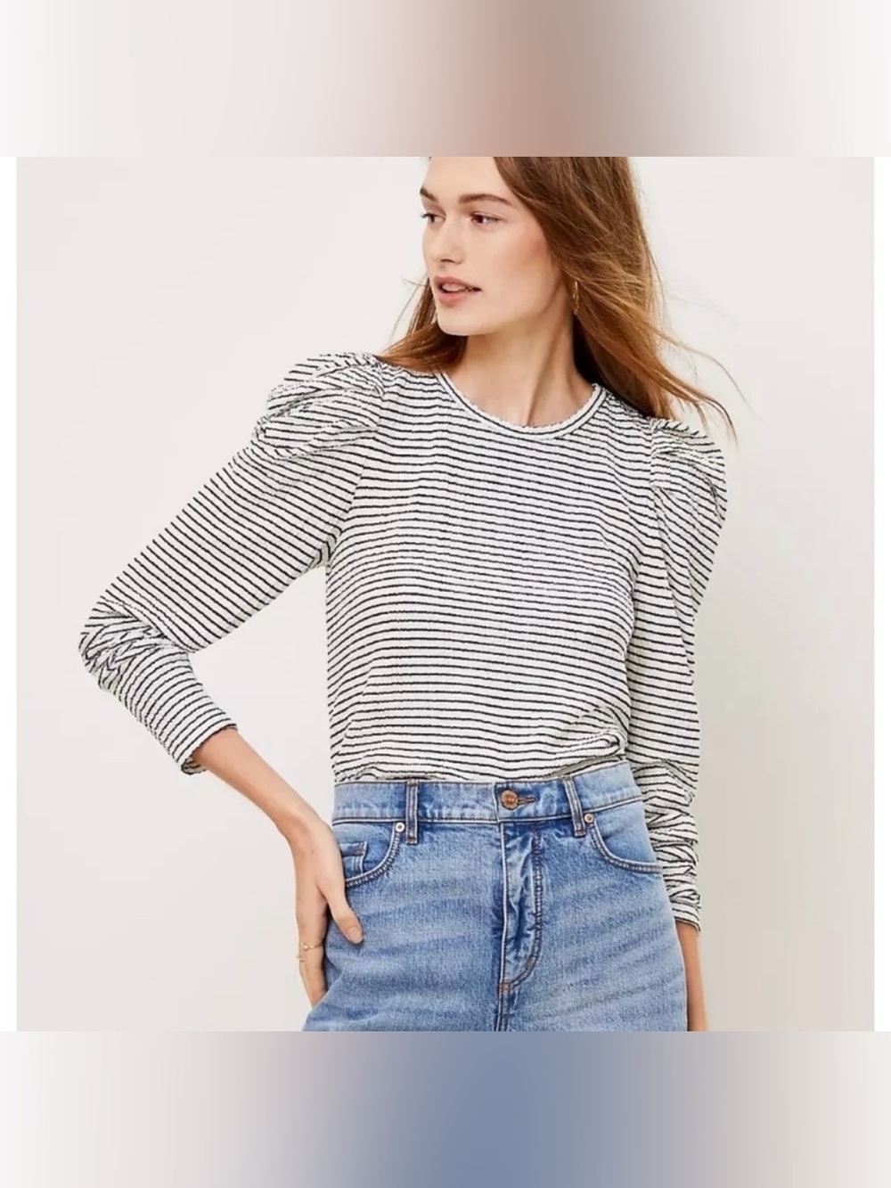 LOFT Navy & White Striped Puff-Sleeve Long Sleeve Top
